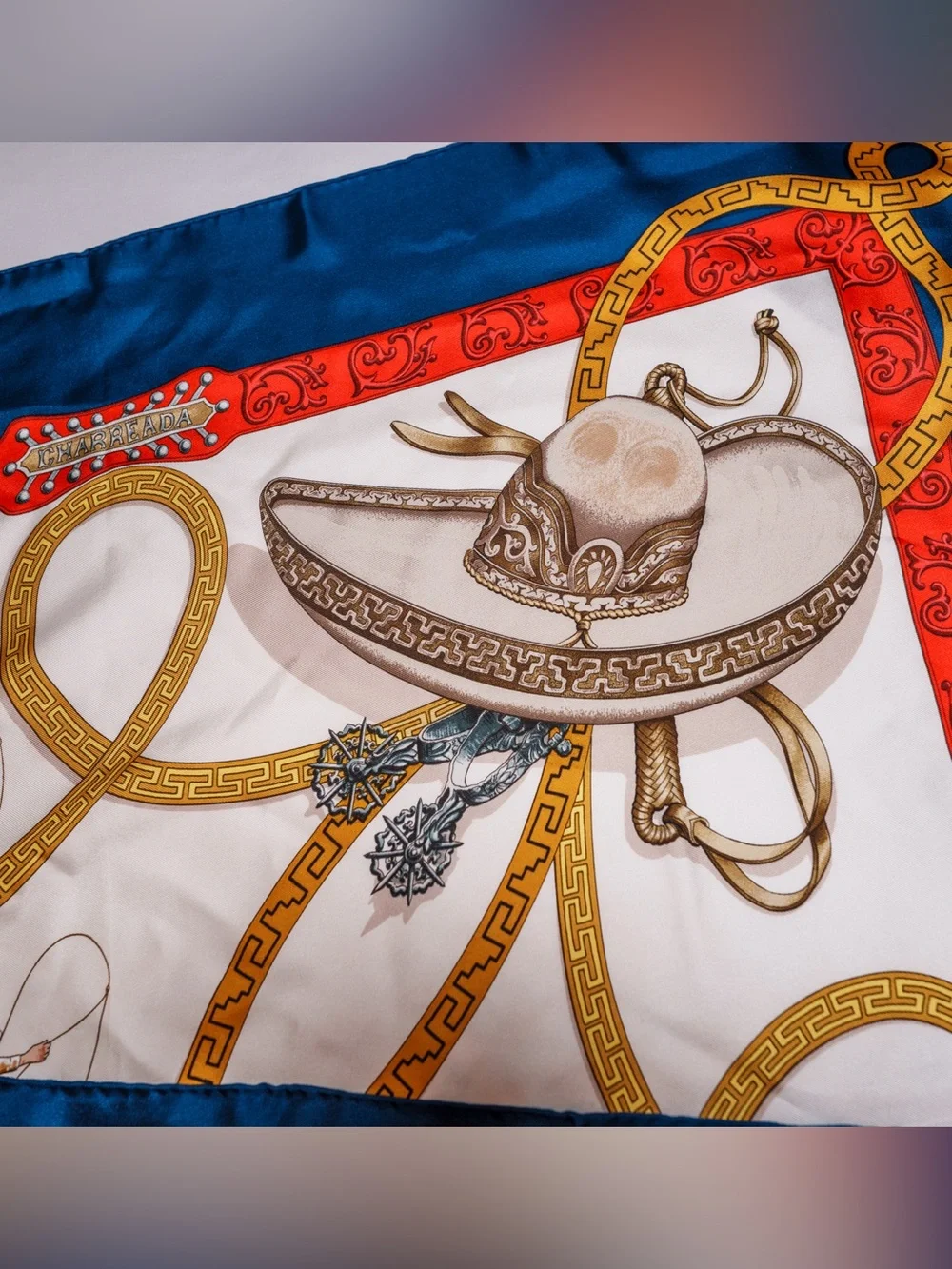 Hermès Charreada Silk Twill Scarf Carré 90 Ivory Gold Mexican Rodeo Motif